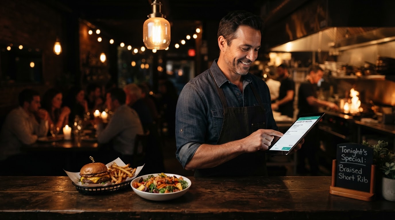 Restaurant owner taking online orders on a tablet