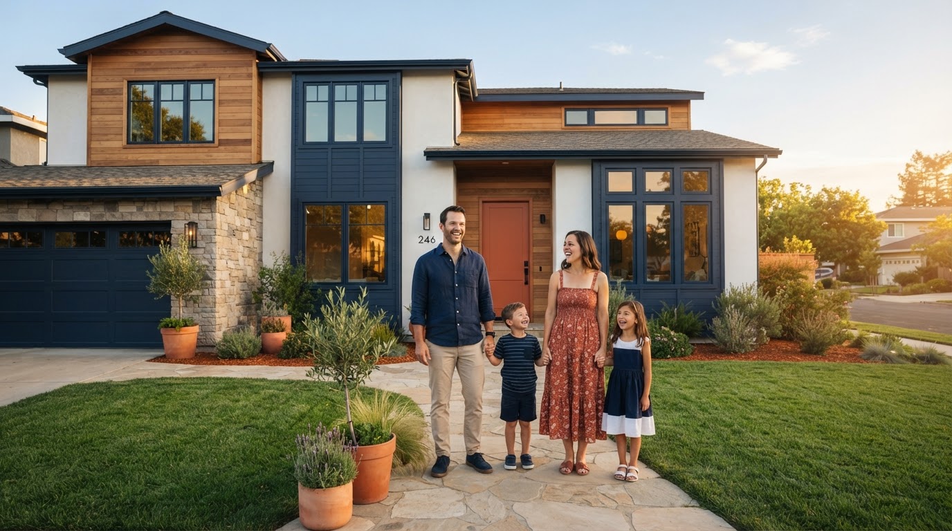 Happy family standing in front of their new home at golden hour
