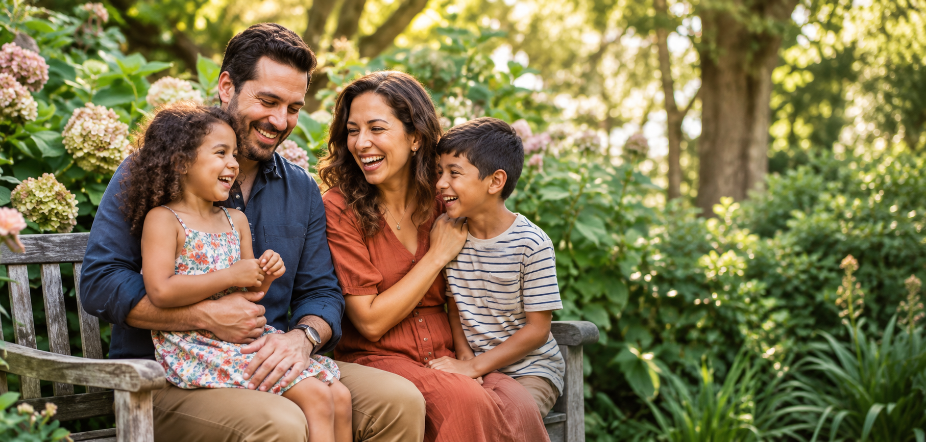 Familia feliz en jardín al atardecer