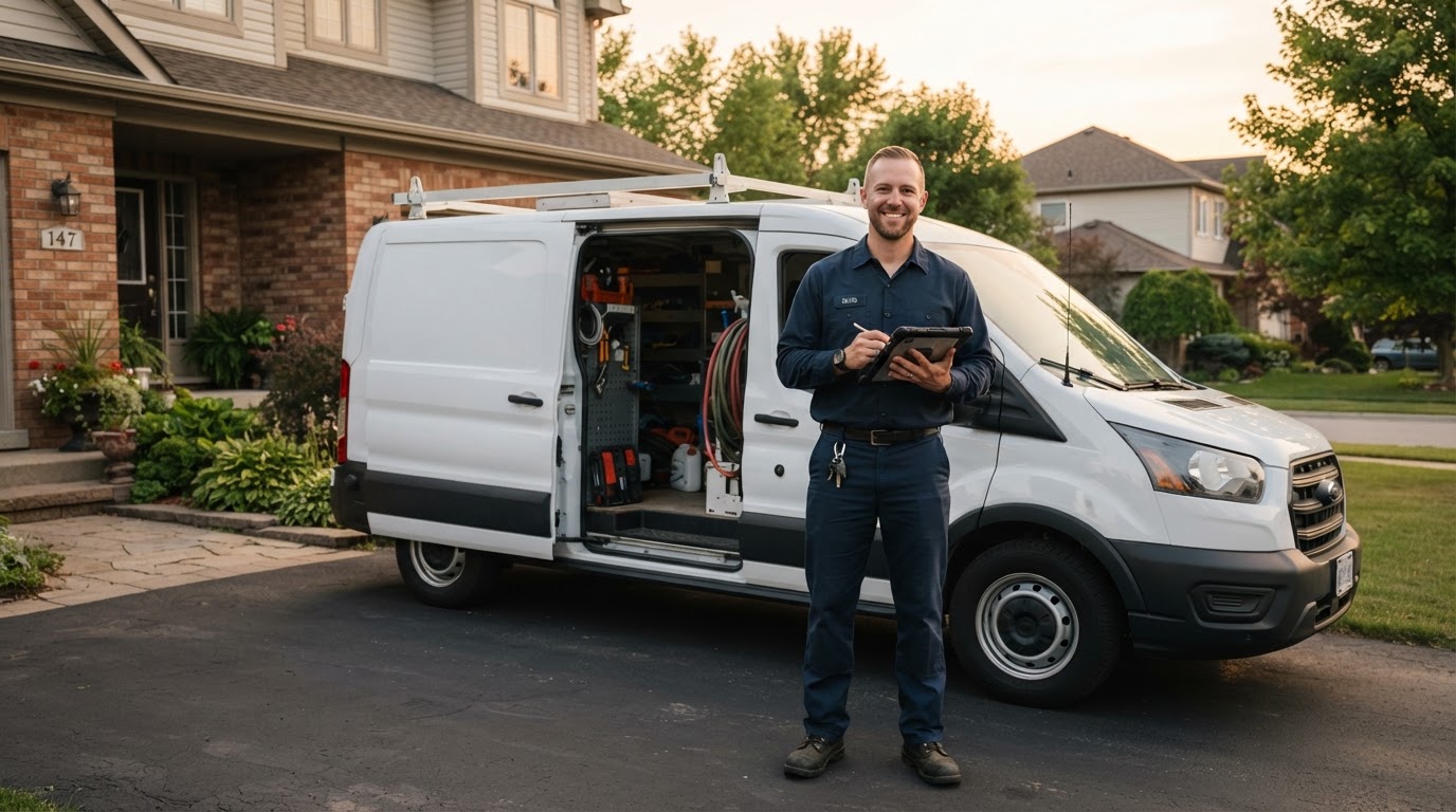 Professional HVAC contractor on a job site next to a service van