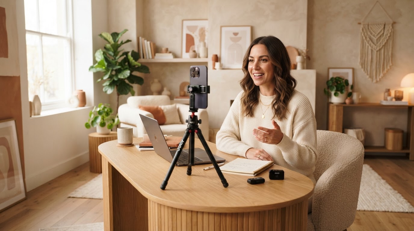 Creator filming content with a phone and ring light in an aesthetic warm studio