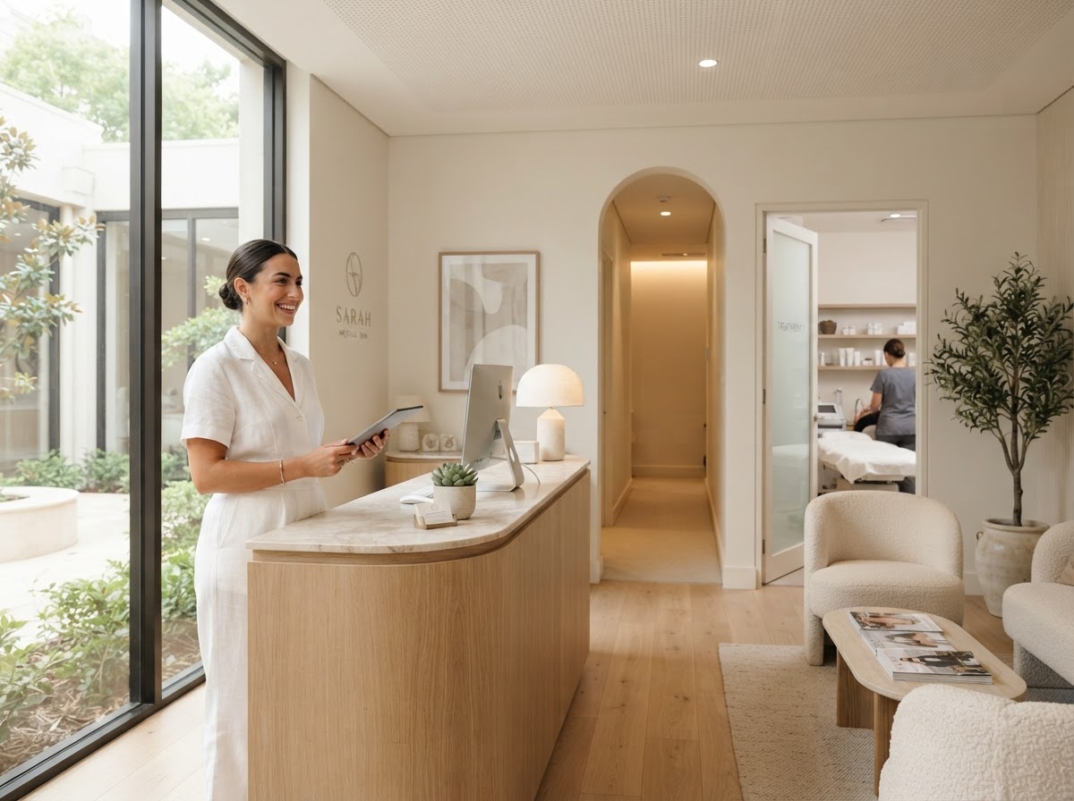 Friendly aesthetician at a modern medical spa reception desk