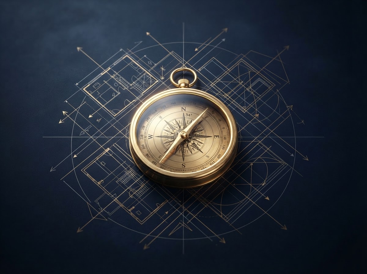 Golden compass over a strategic blueprint