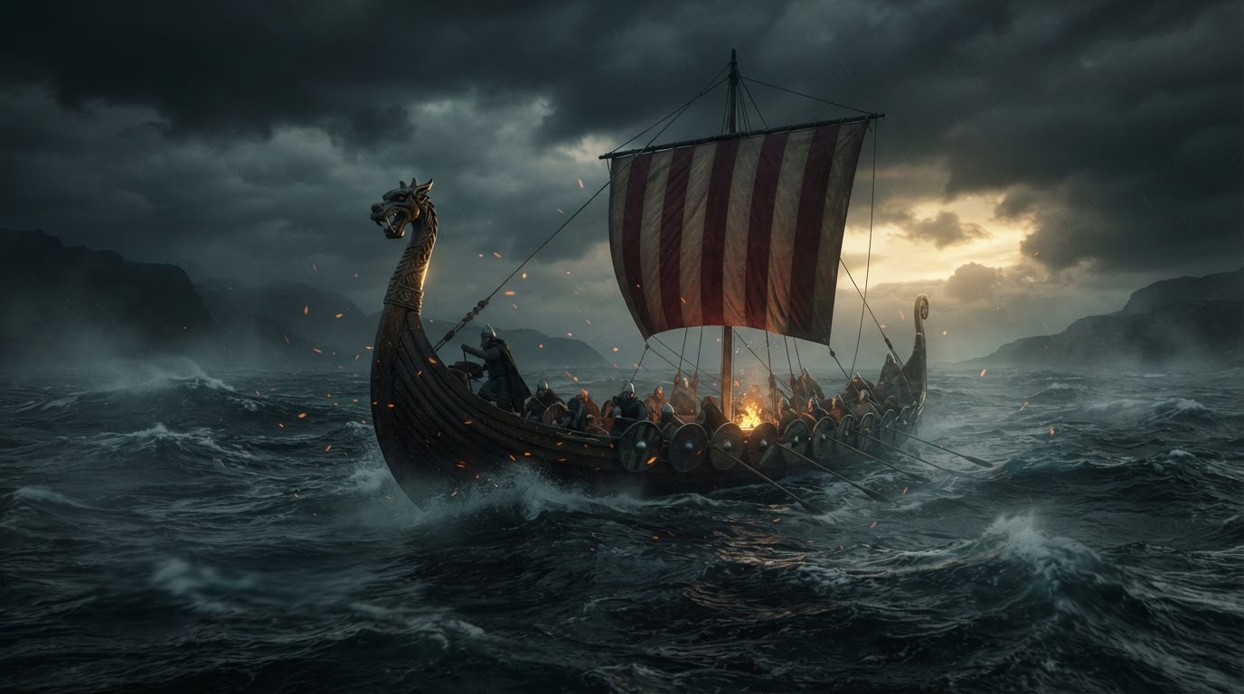 Barco Drakkar Vikingo navegando en alta mar con fuego de forja