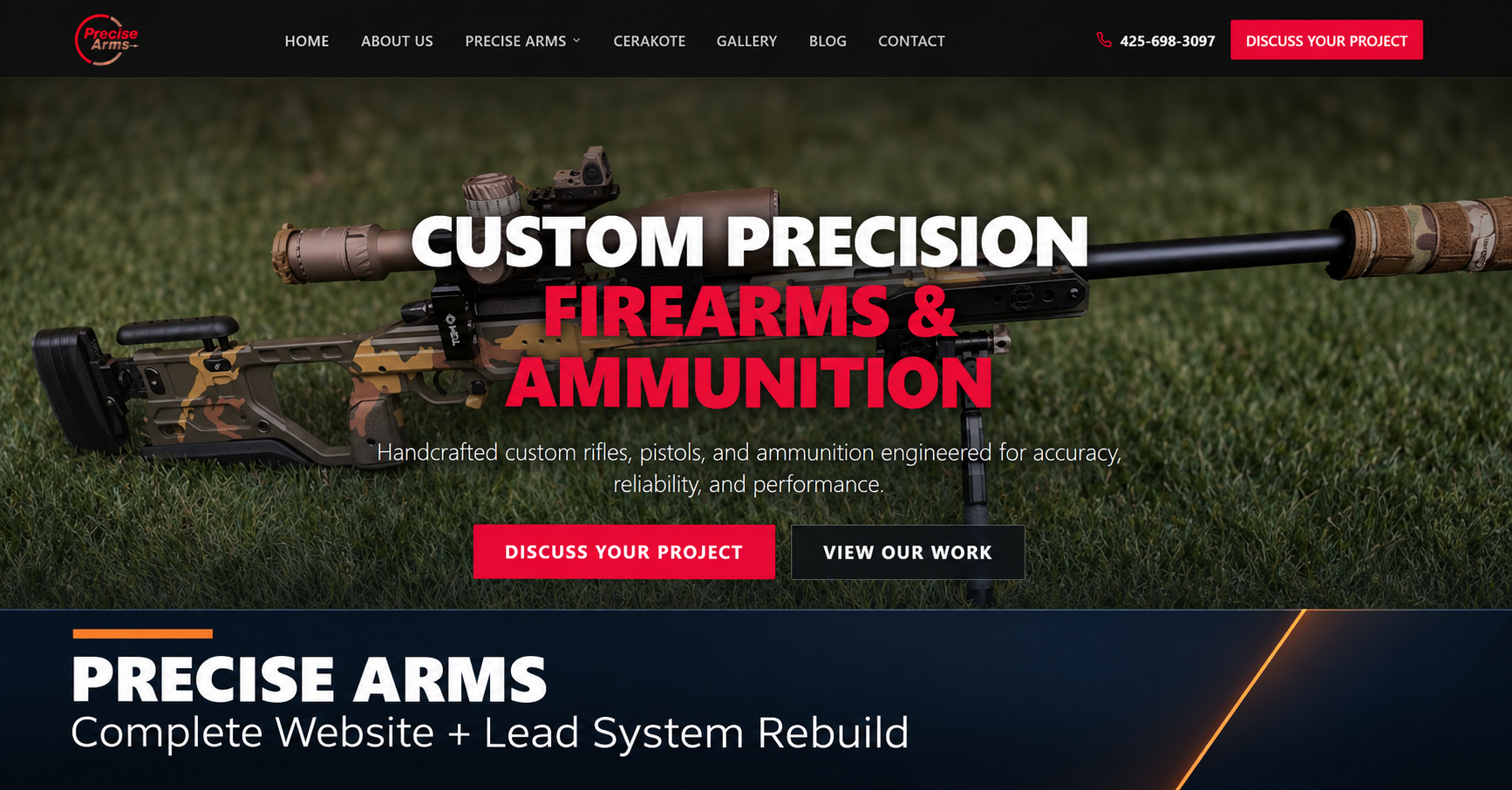 Precise Arms custom firearms and ammunition website rebuilt by Dave Olsen Consulting