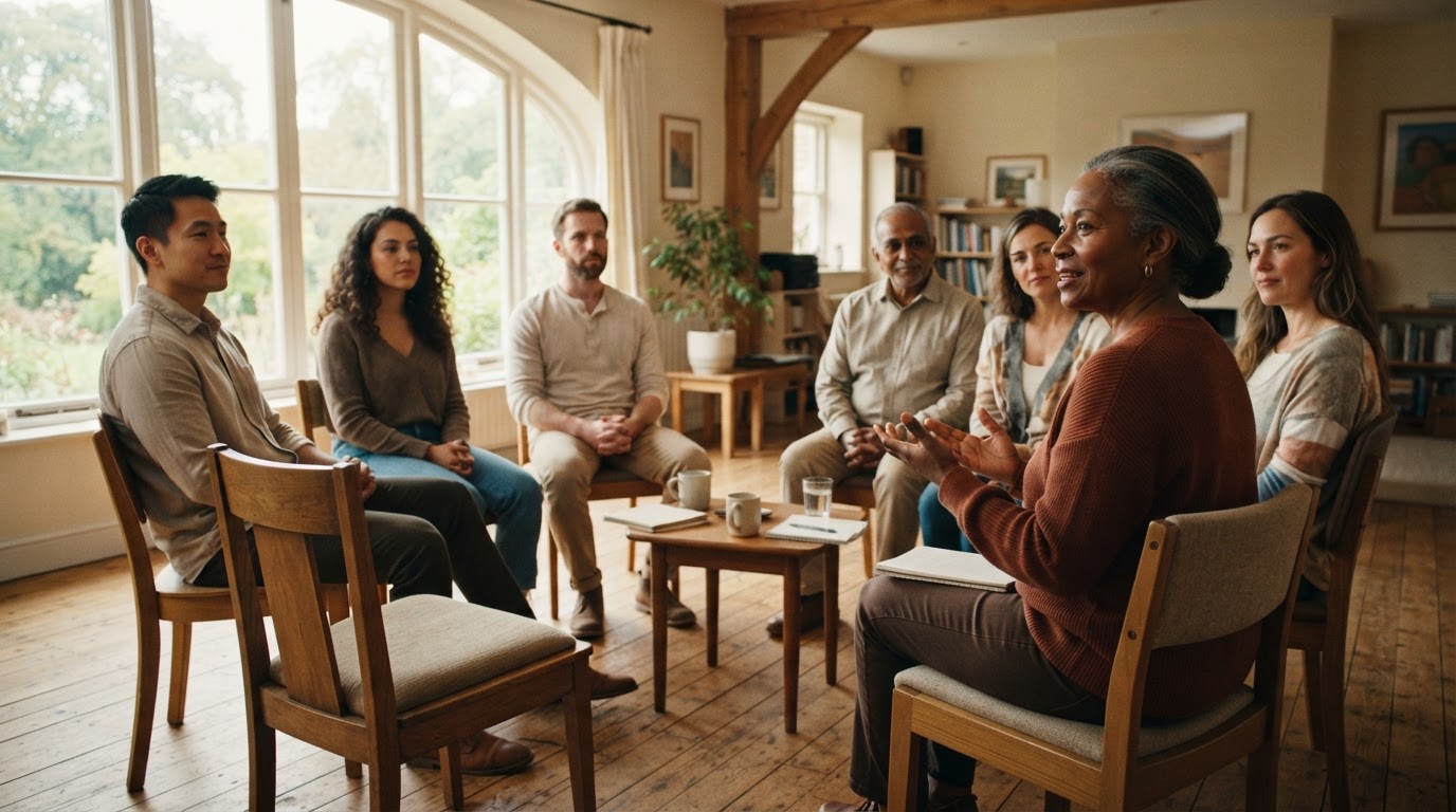 A diverse group learning together in a warm, light-filled room