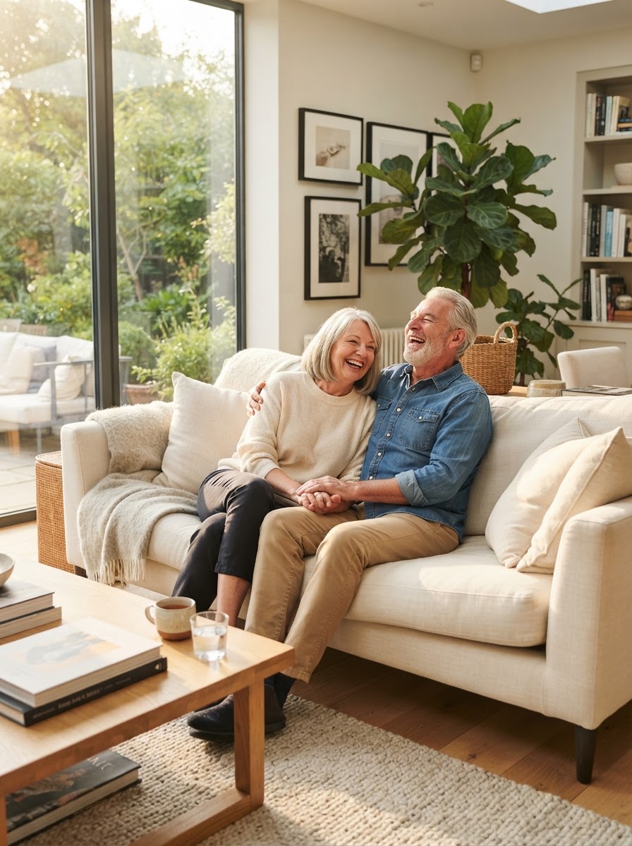 A happy older couple relaxing in their sunlit, modern living room