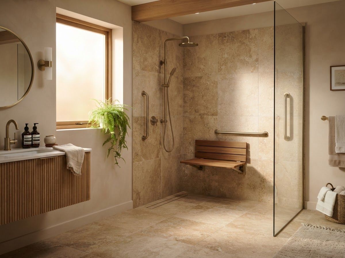 A modern, spa-like accessible bathroom with warm stone tiles
