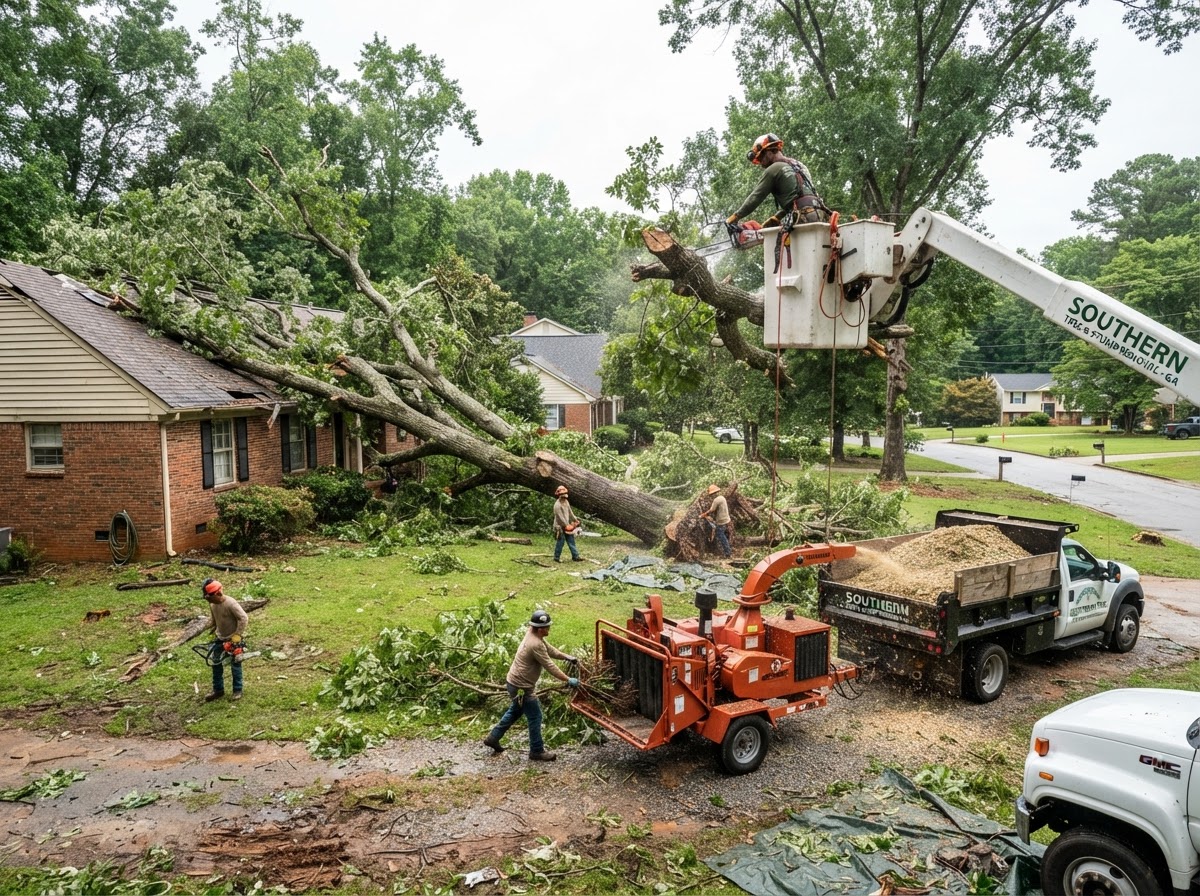 Tree removal crew taking down a large fallen oak in a Georgia yard