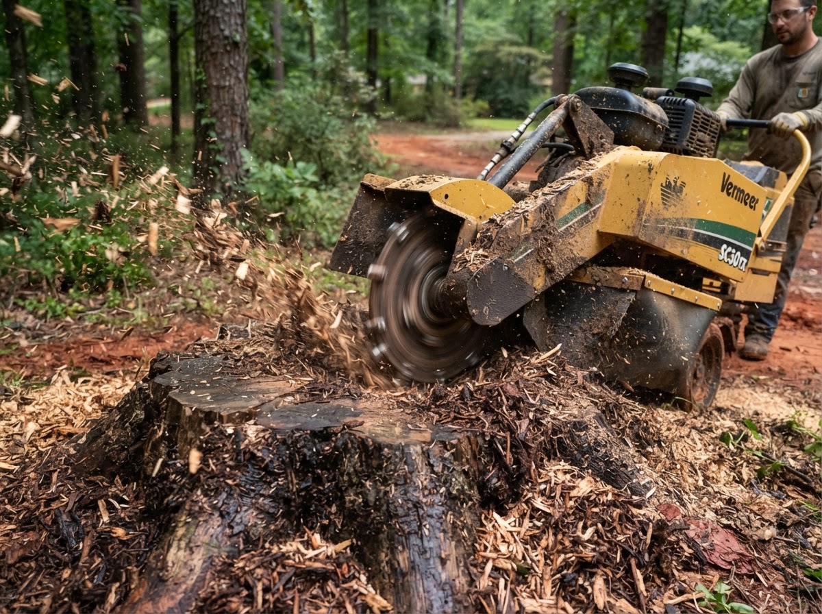 Stump grinding machine reducing a tree stump to mulch in Georgia