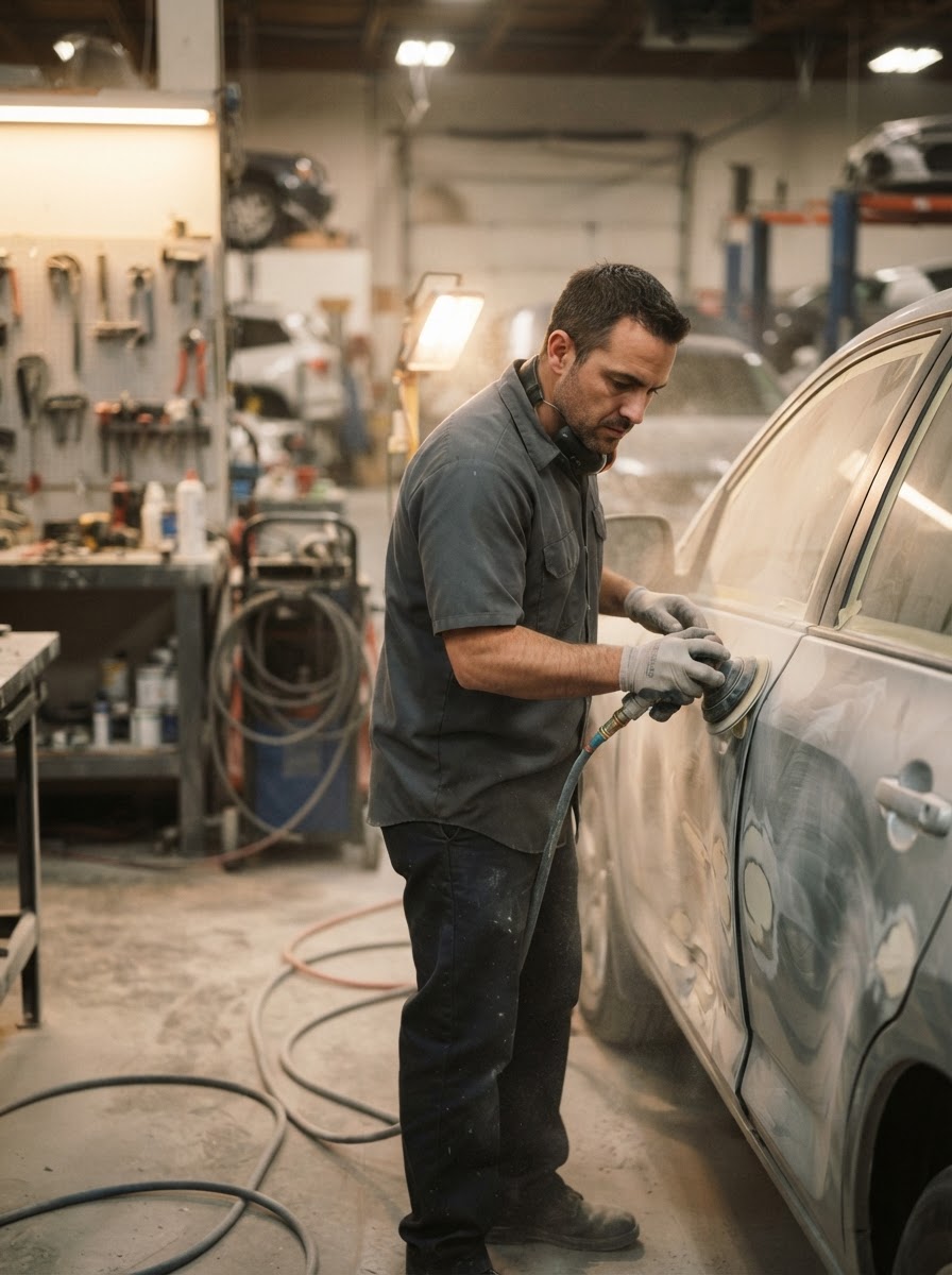 Collision repair technician working on a damaged car door panel in a professional auto body shop