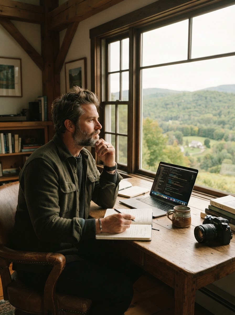 Patrick working at a wooden desk by a window overlooking Vermont hills