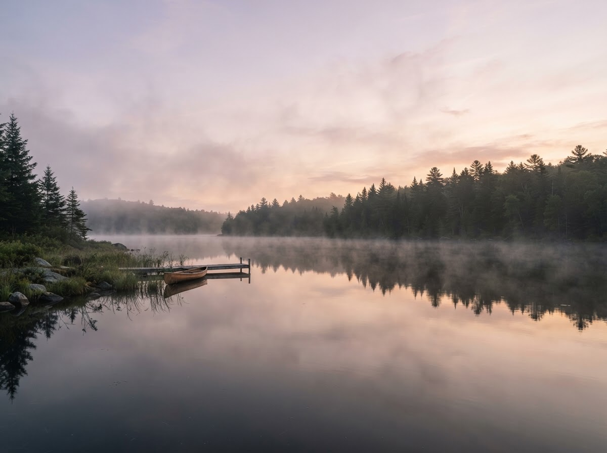 A misty Northeast Kingdom lake at dawn, calm water reflecting a soft pastel sky