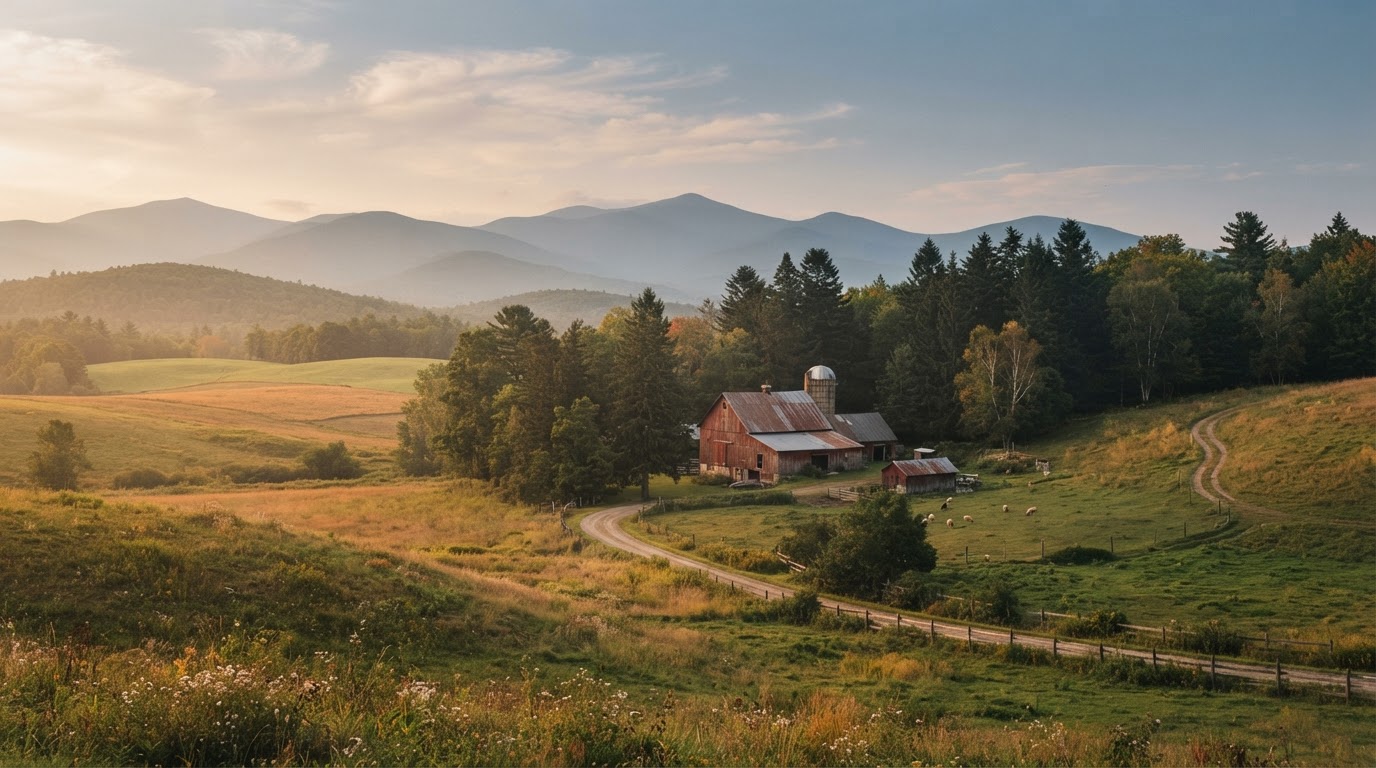 Rolling Vermont hills and a weathered red barn at golden hour in the Northeast Kingdom
