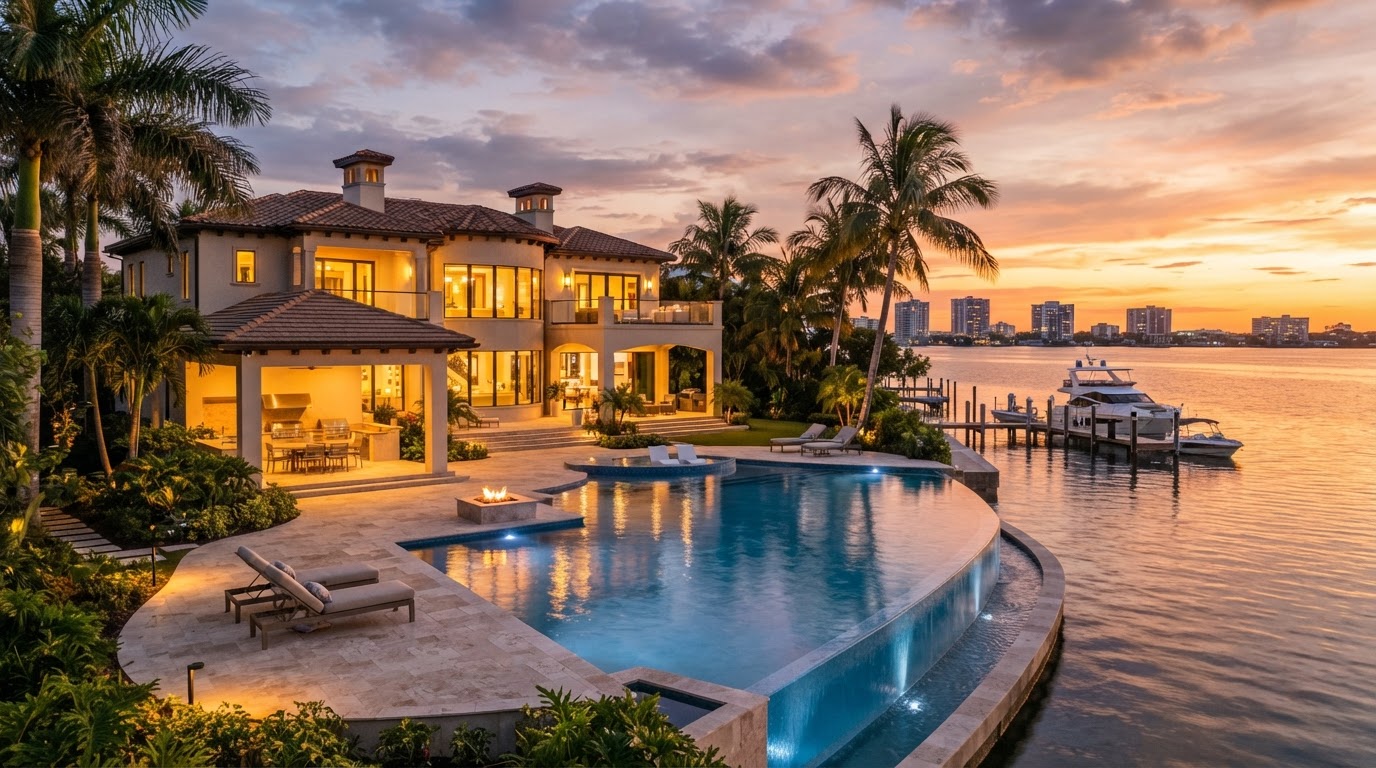 Luxury waterfront home in Sarasota at golden hour