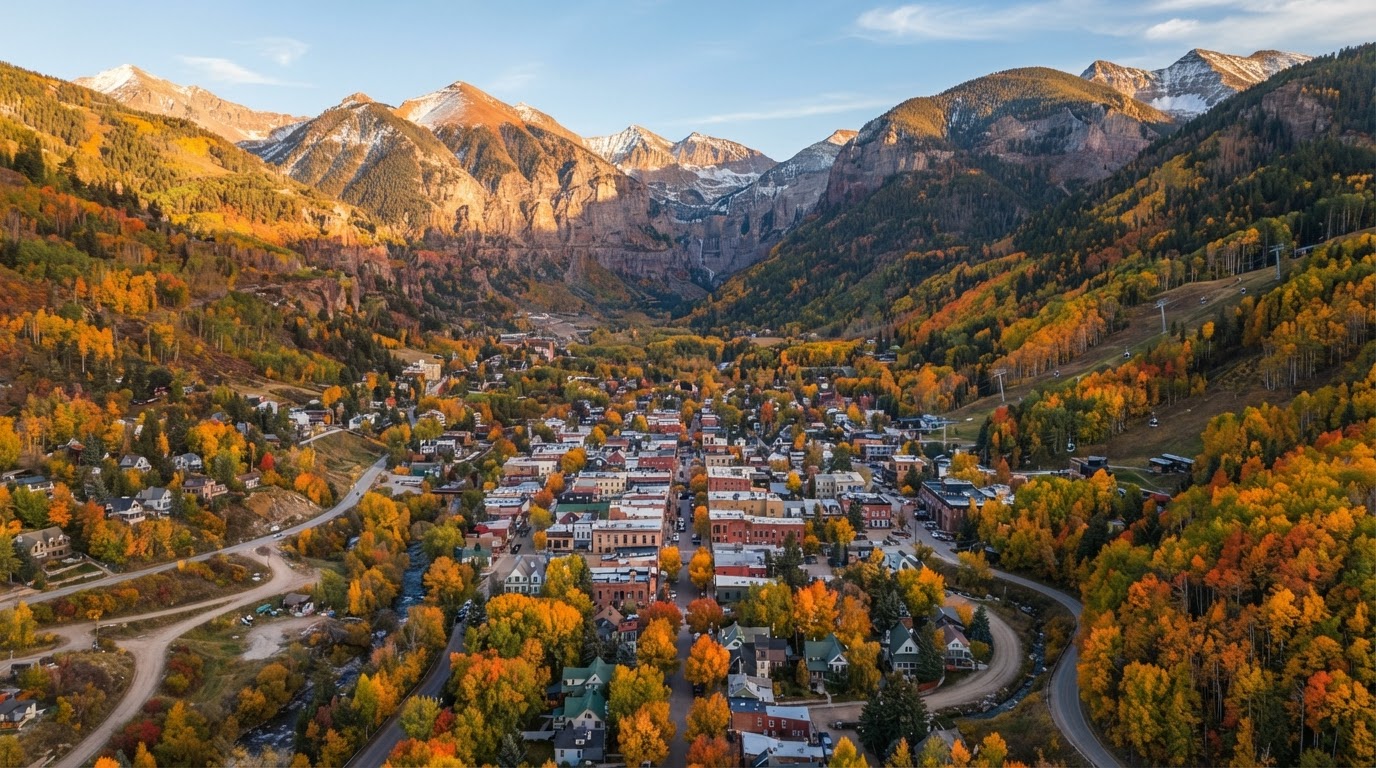 Aerial view of Telluride, Colorado framed by the San Juan mountains