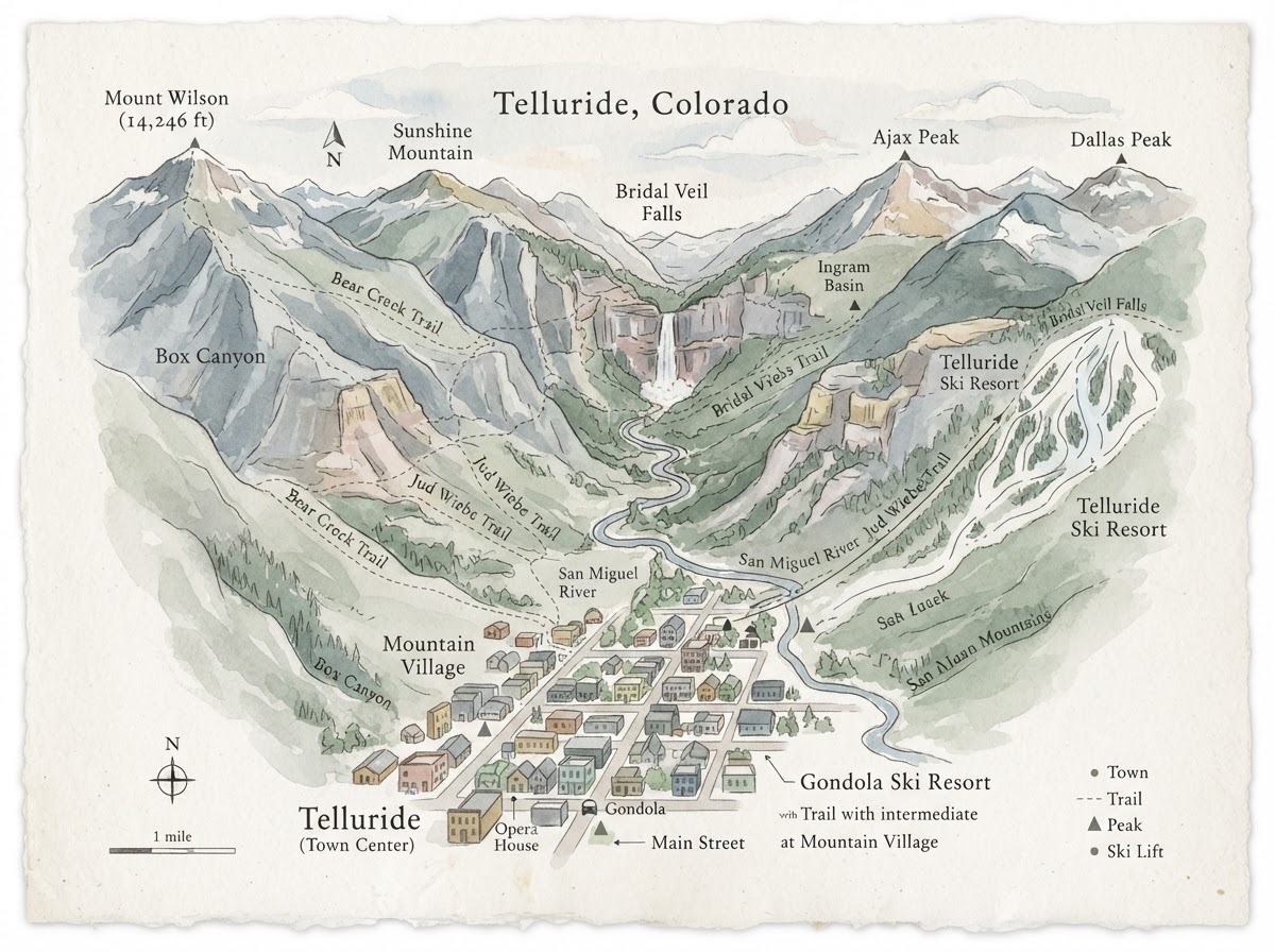 Illustrated map of Telluride, Colorado and the surrounding San Juan region