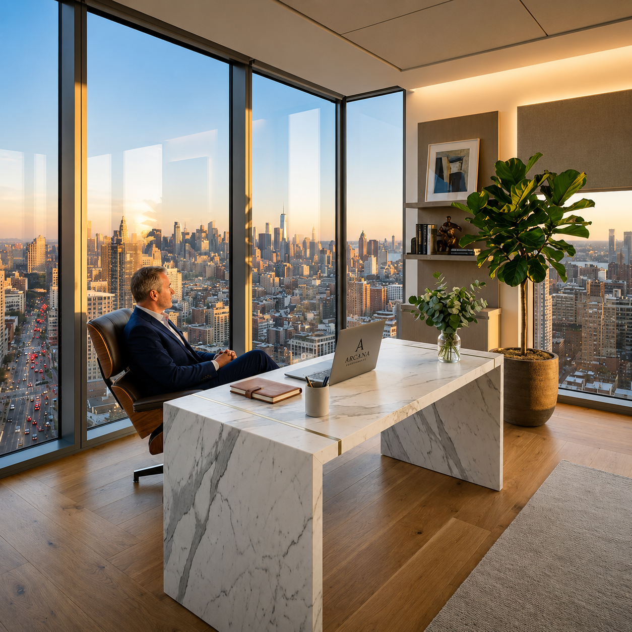 Executive at marble desk in corner glass office overlooking skyline
