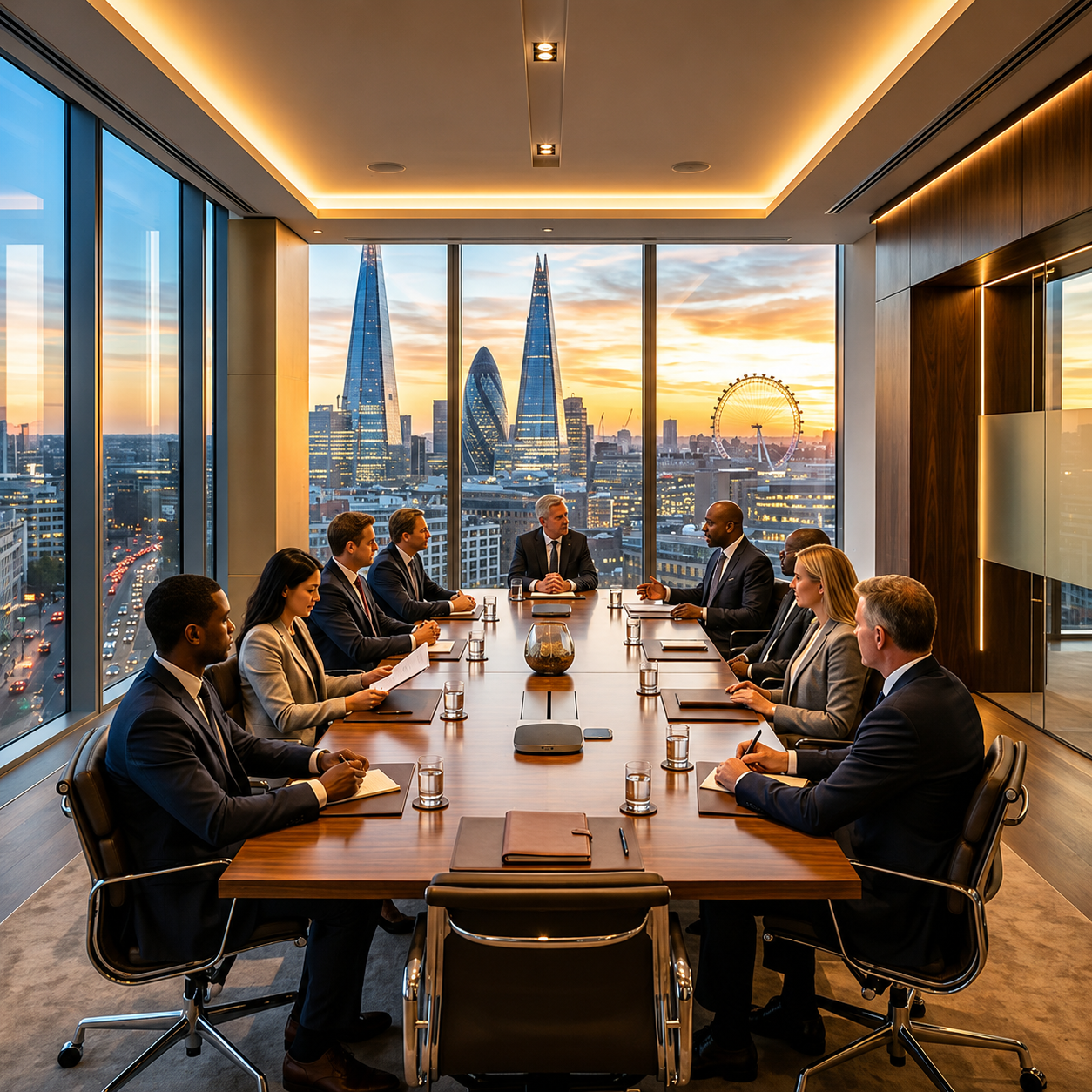 Boardroom executive meeting overlooking skyline at sunset