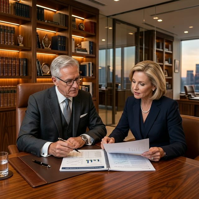 Two professionals reviewing documents in library office