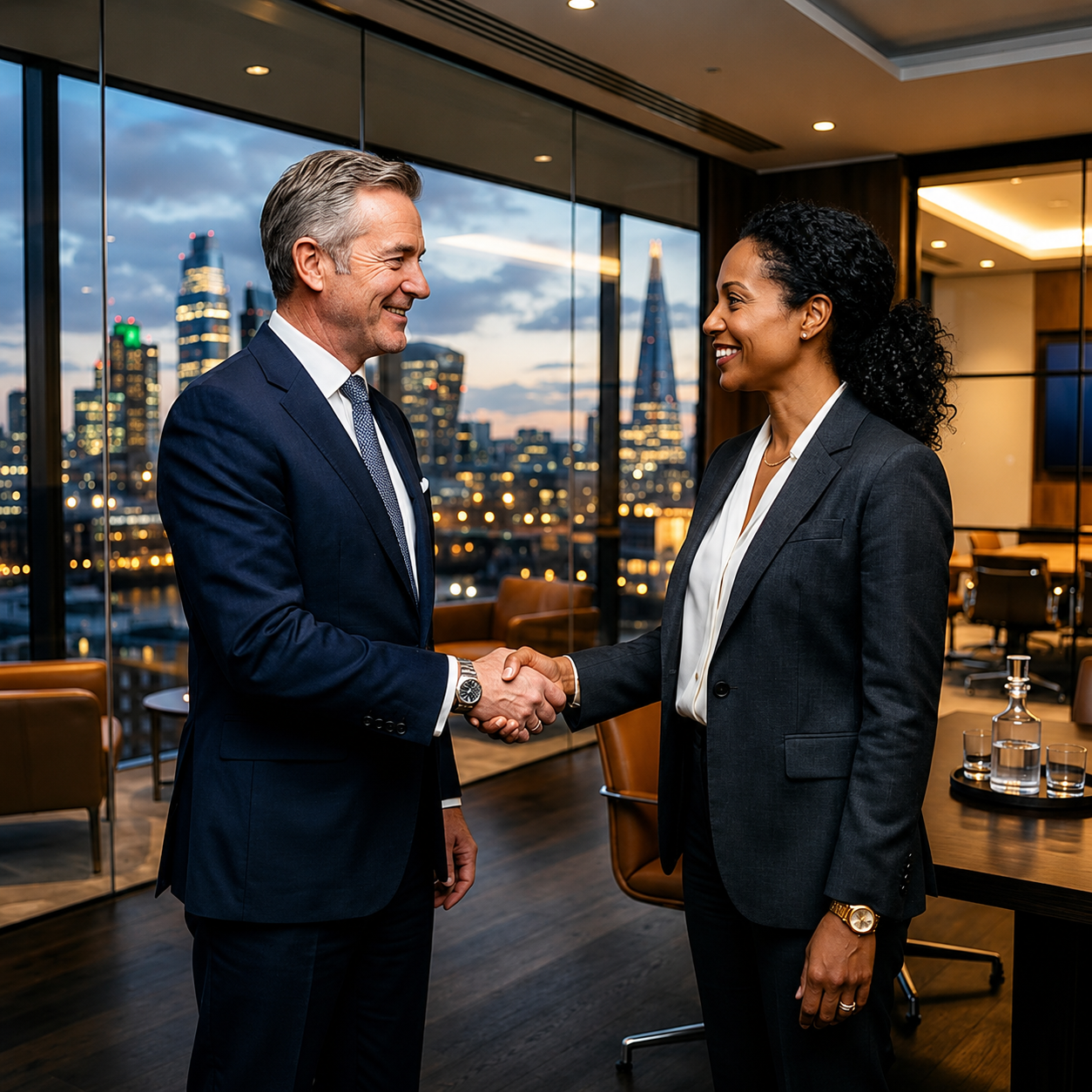 Two business professionals shaking hands in office overlooking city lights
