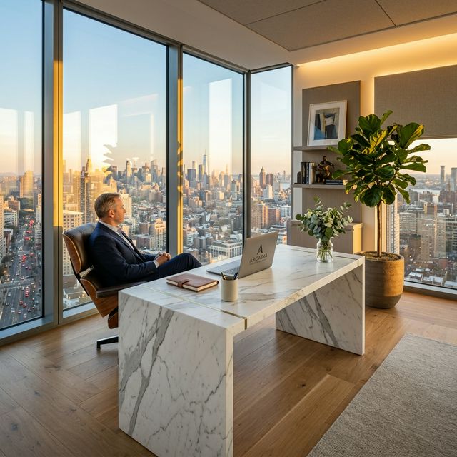 Executive at marble desk in glass office overlooking skyline