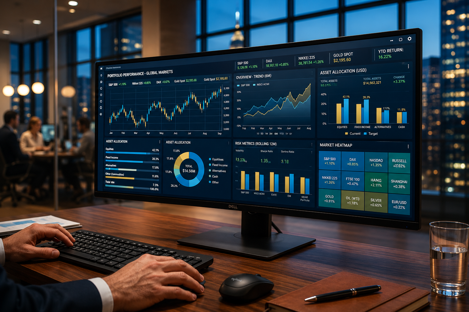Financial trading dashboards and analytics monitors at night