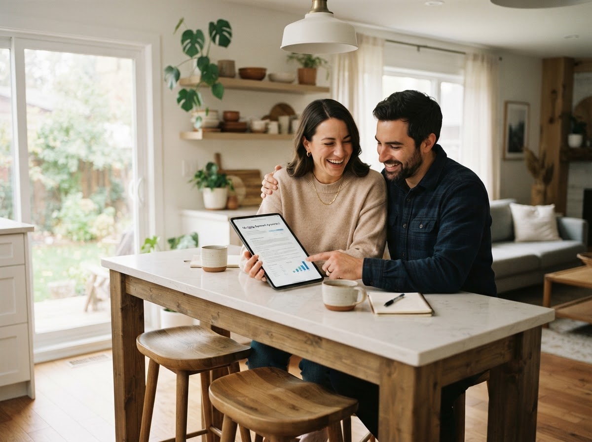 Happy Canadian homeowners reviewing their mortgage renewal with Tribe Financial