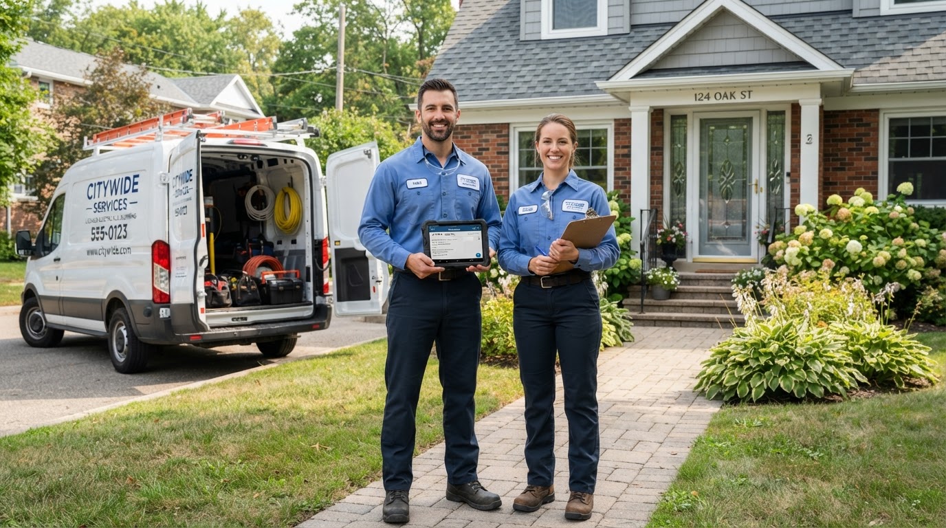 Professional trades team with tablet and equipment
