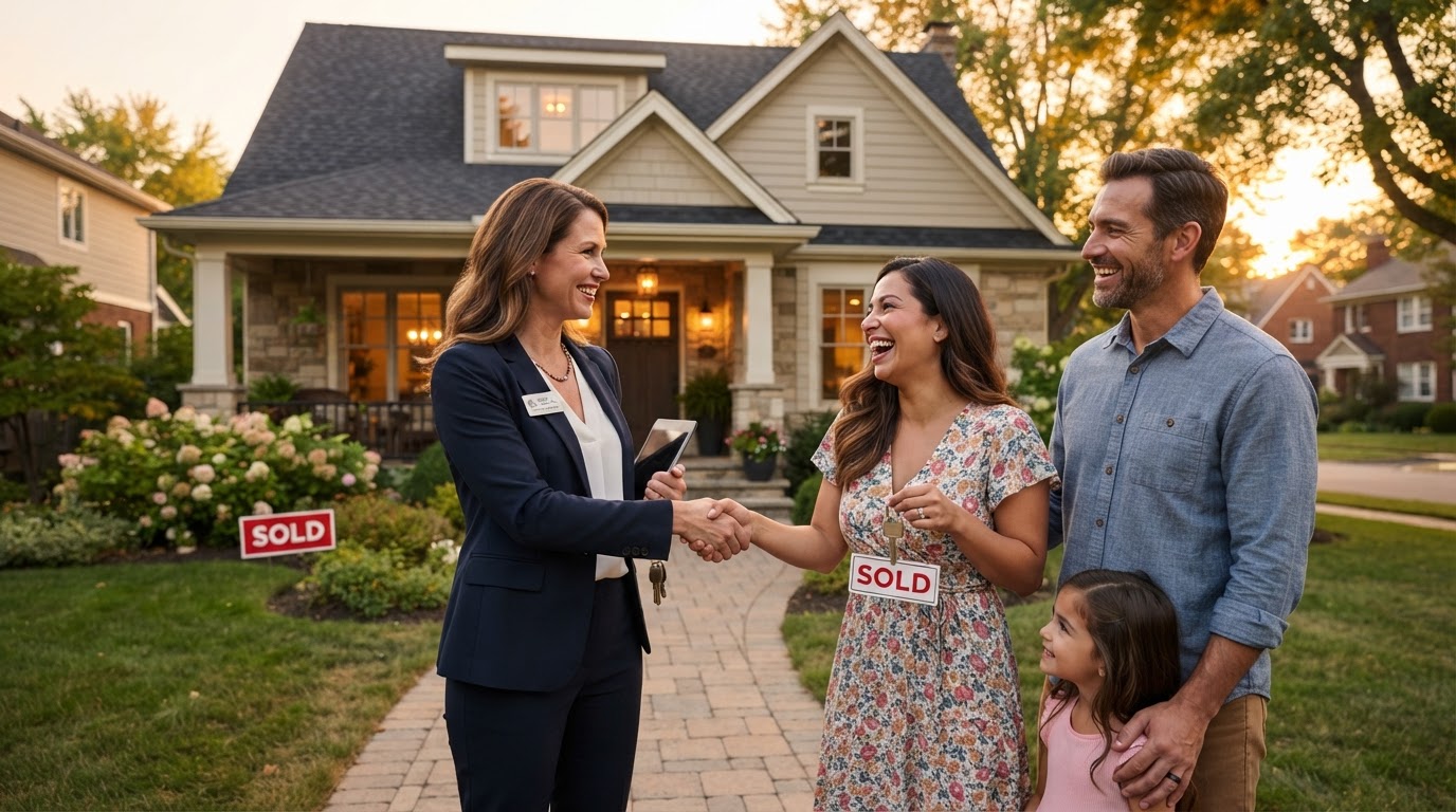 A real estate professional shaking hands with a happy homeowner