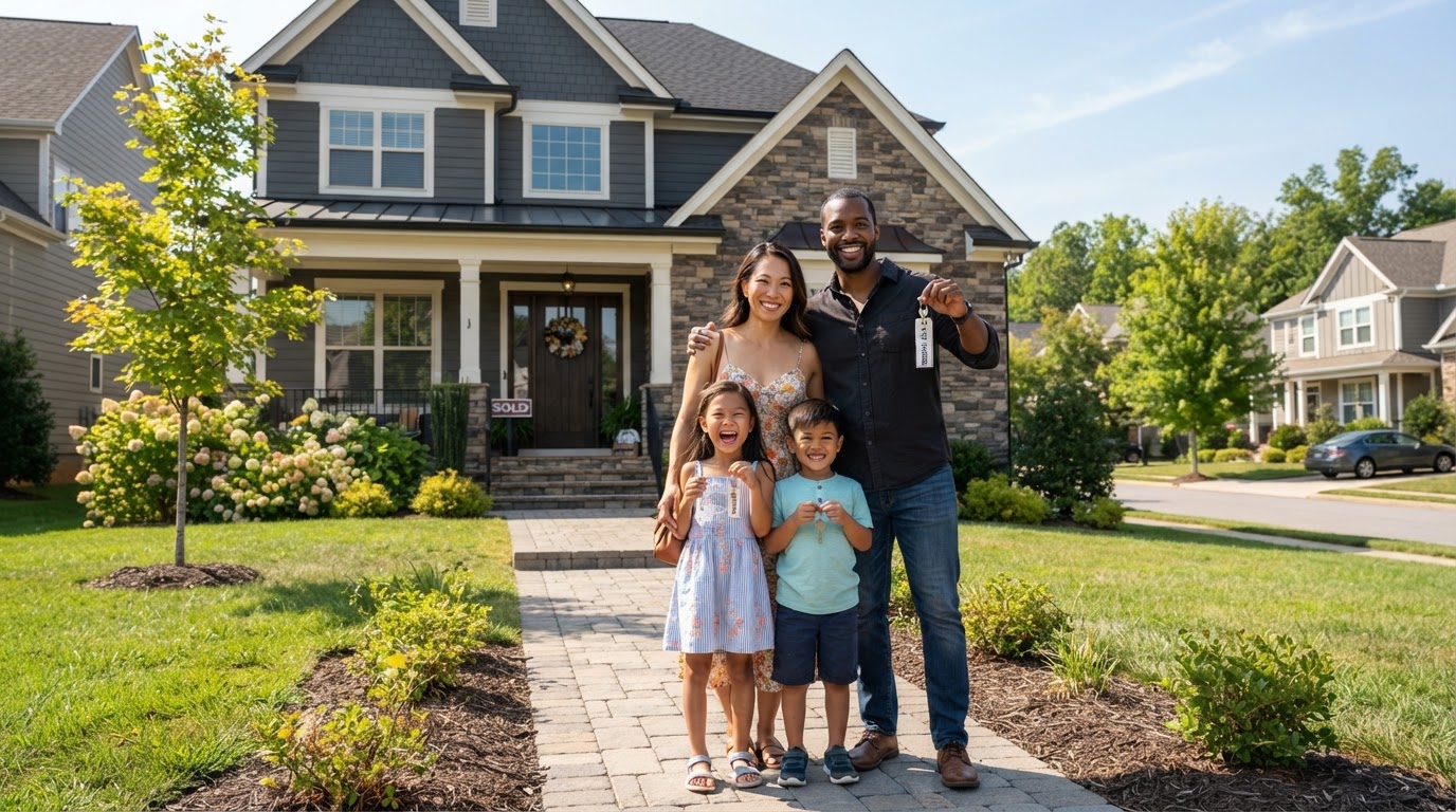 A happy family in front of their new home holding keys