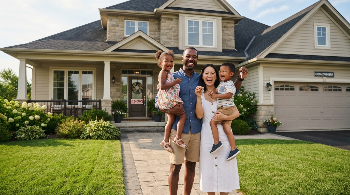 Happy family in front of their new home