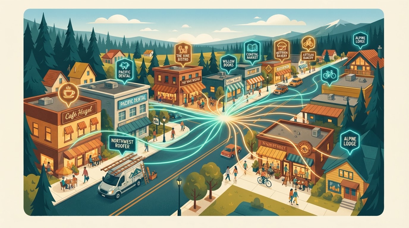 Illustration of a connected local business main street forming a directory network