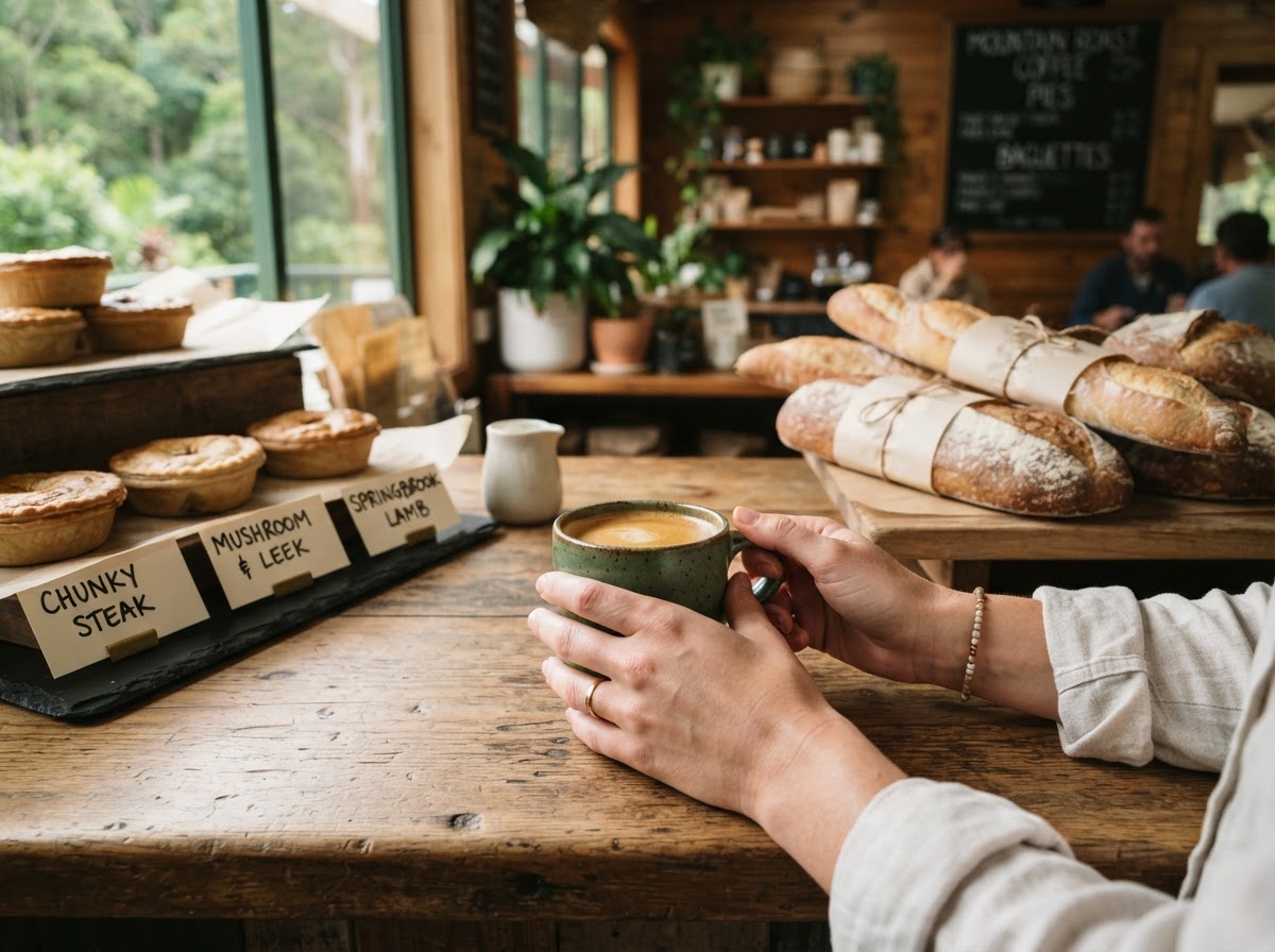 Coffee in hand on a timber counter with gourmet pies and bakery baguettes