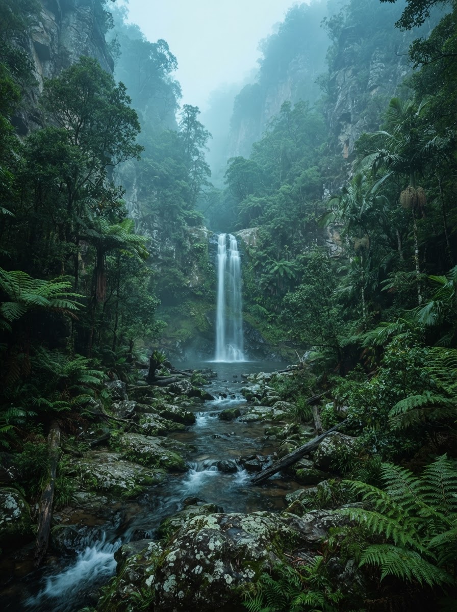 Misty rainforest waterfall and gorge near Natural Bridge