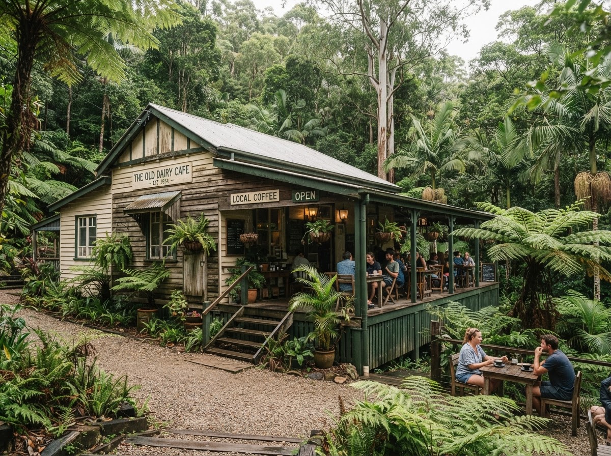 The old timber café building among rainforest trees