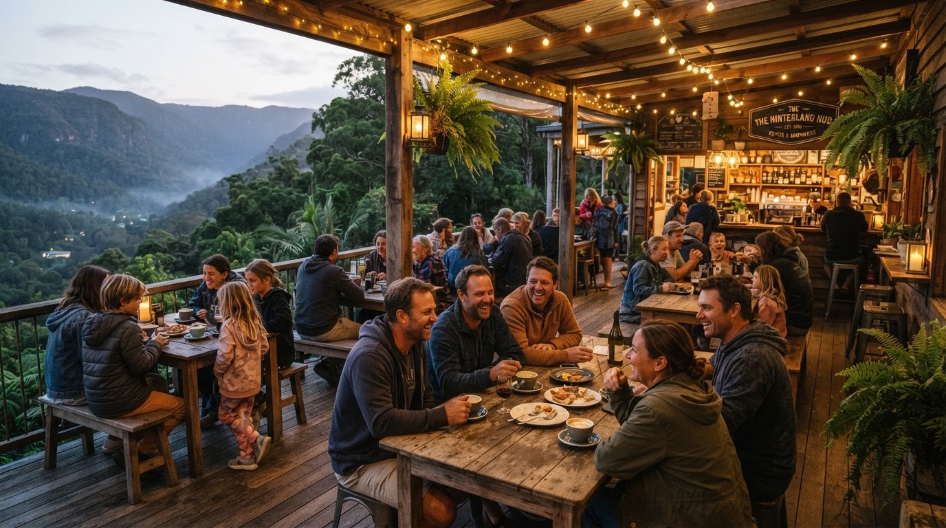 Community gathering on the verandah at dusk with warm lights