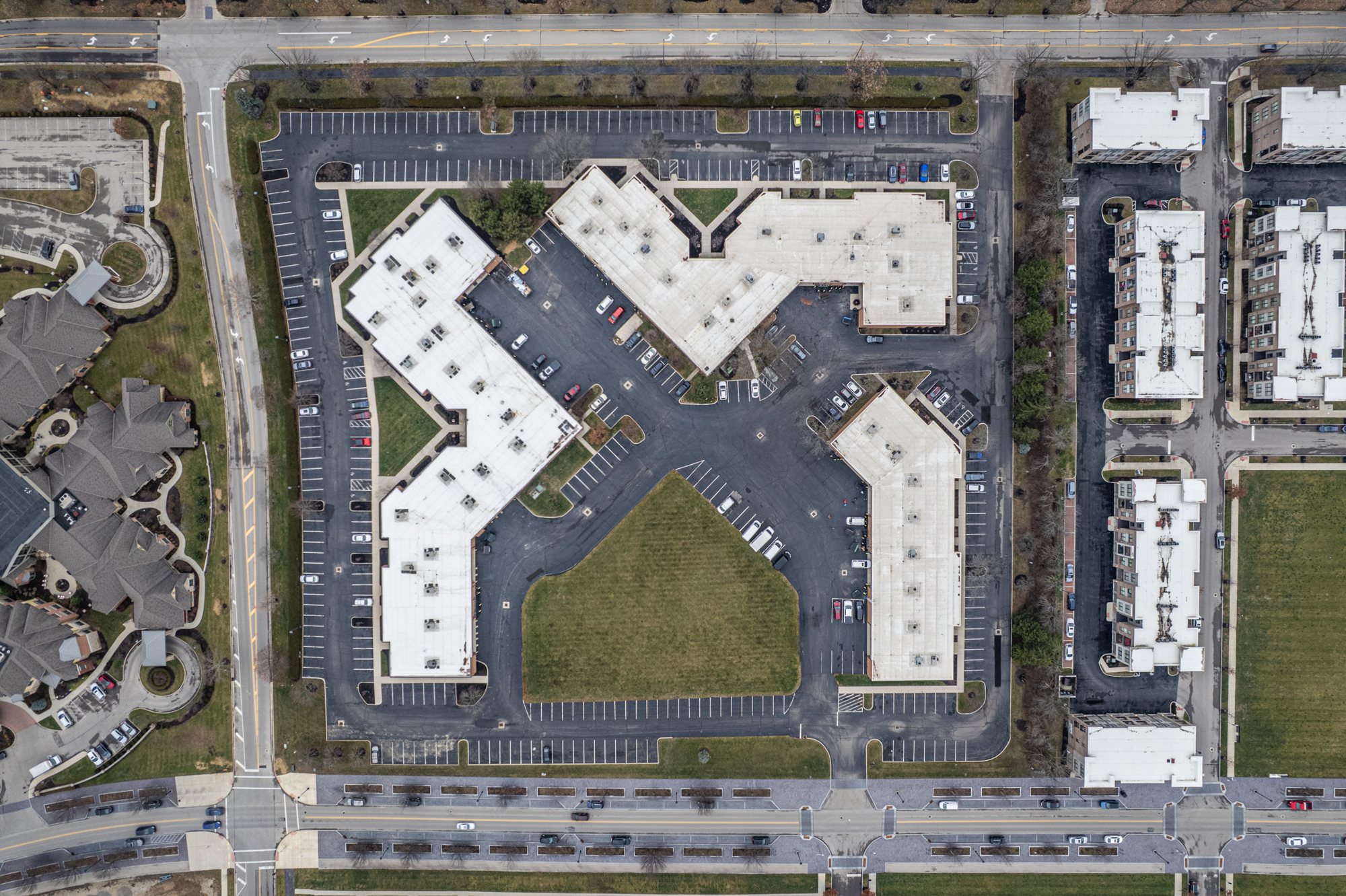 Office complex aerial drone photography