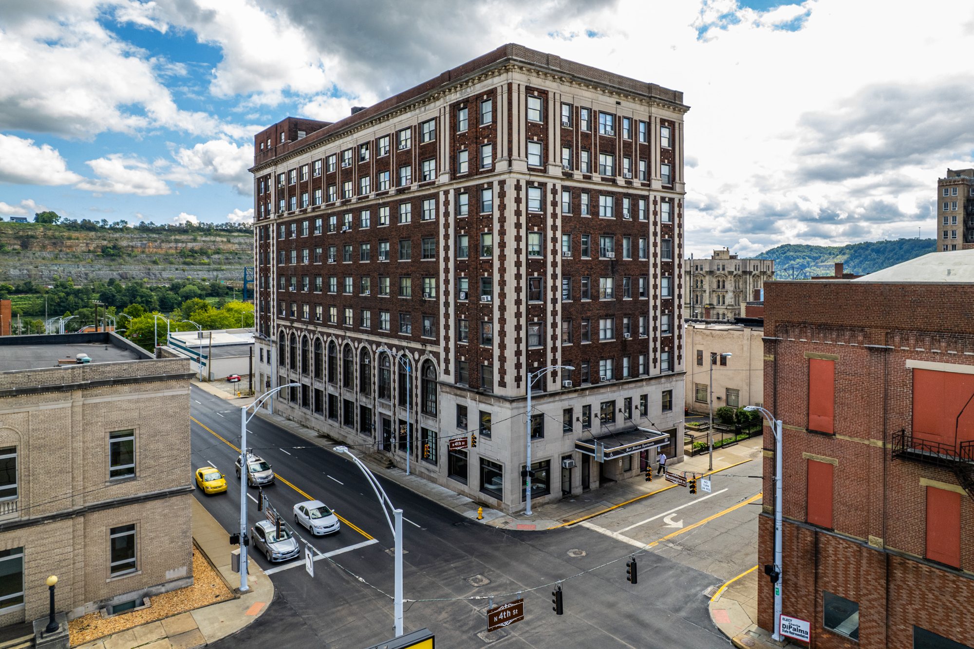 Historic brick apartment building aerial photography