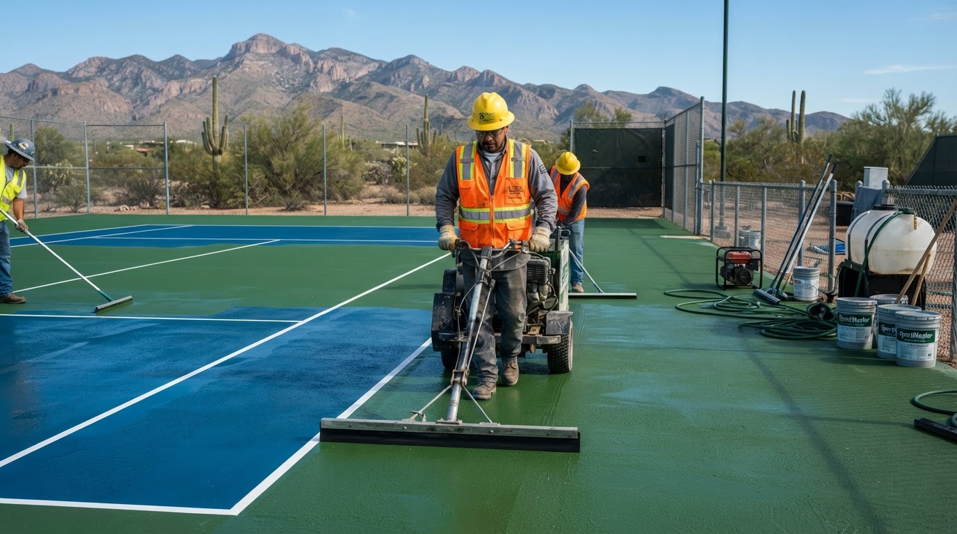 Construction crew applying blue and green acrylic sport court coating with a squeegee machine during a court resurfacing project in Tucson, AZ