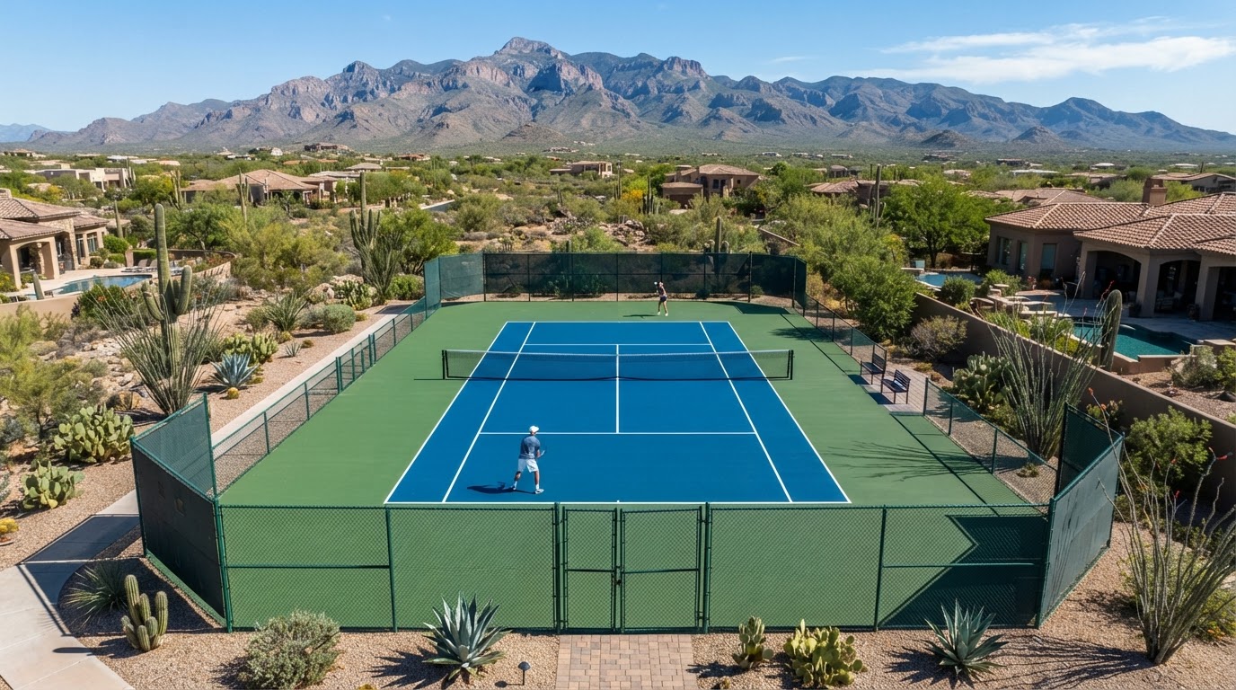 Overhead view of a blue and green outdoor tennis court with clean white lines and center net built in a Tucson, AZ desert setting