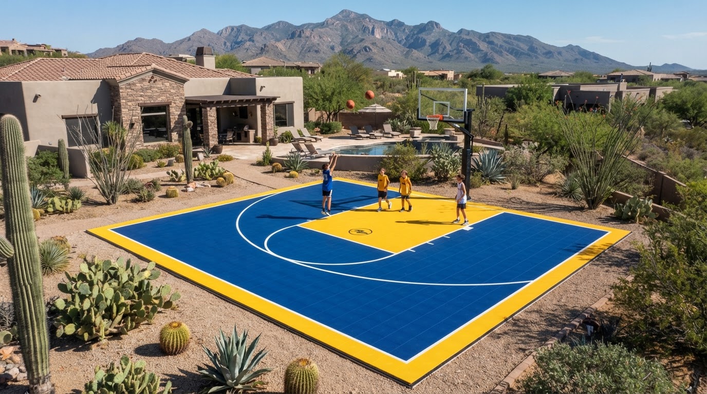 Aerial view of a bright yellow and royal blue outdoor basketball court with white lines and a hoop installed in a Tucson, AZ backyard