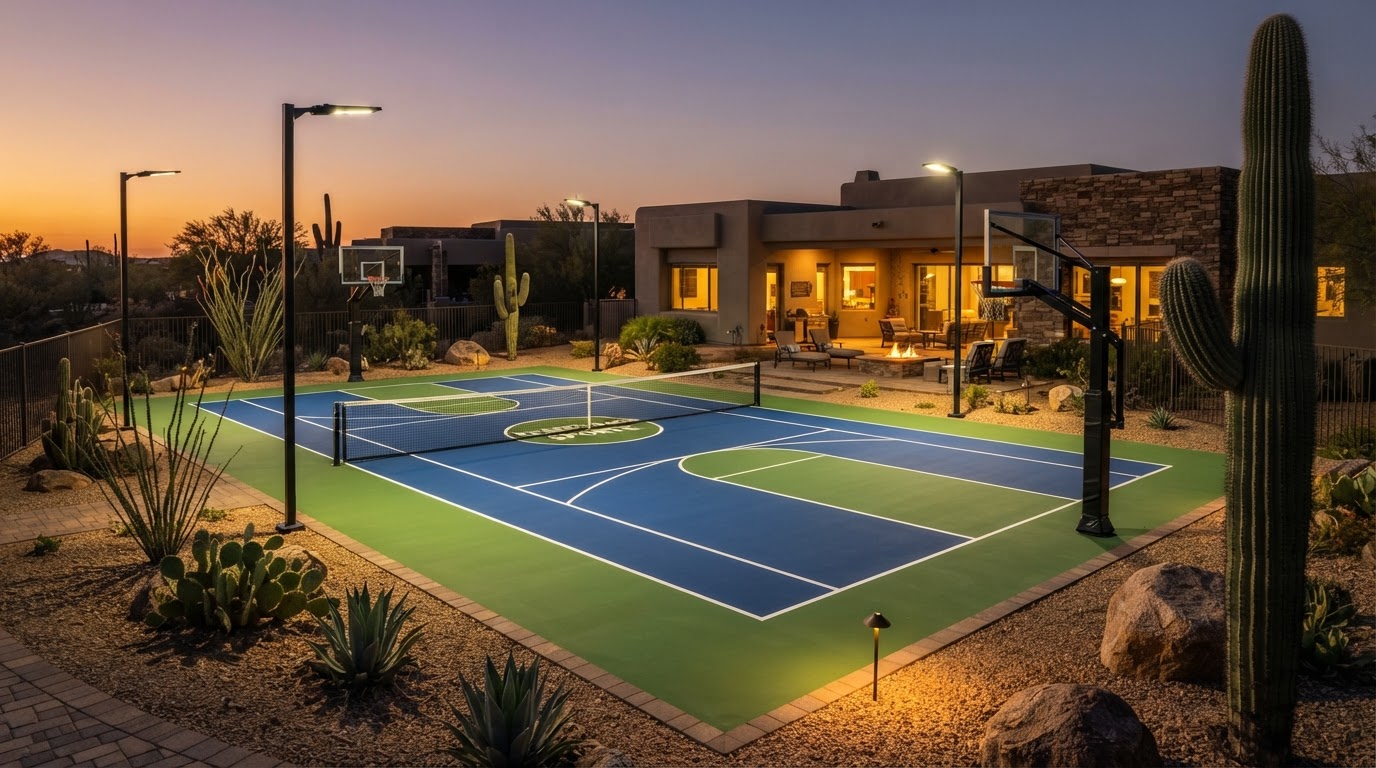 Newly built outdoor sport court with royal blue and green acrylic surface and white line striping lit for evening play in Tucson, Arizona