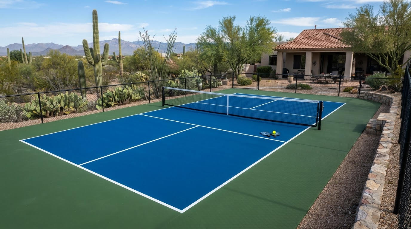 Freshly finished outdoor pickleball court with royal blue playing area, green border, and crisp white non-volley zone lines in Tucson, Arizona
