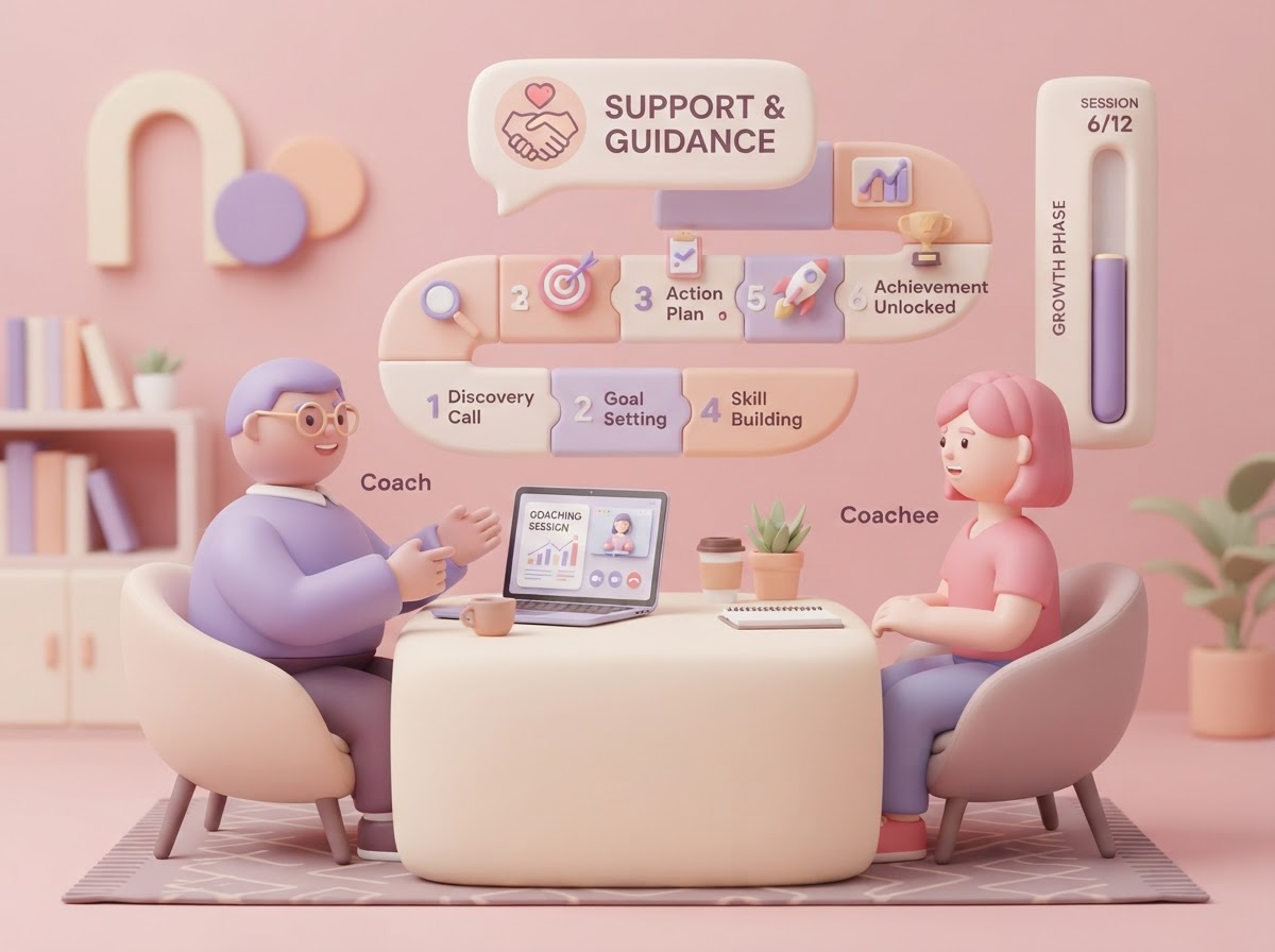 One-on-one digital marketing coaching workflow with discovery call, plan, sessions and ongoing support