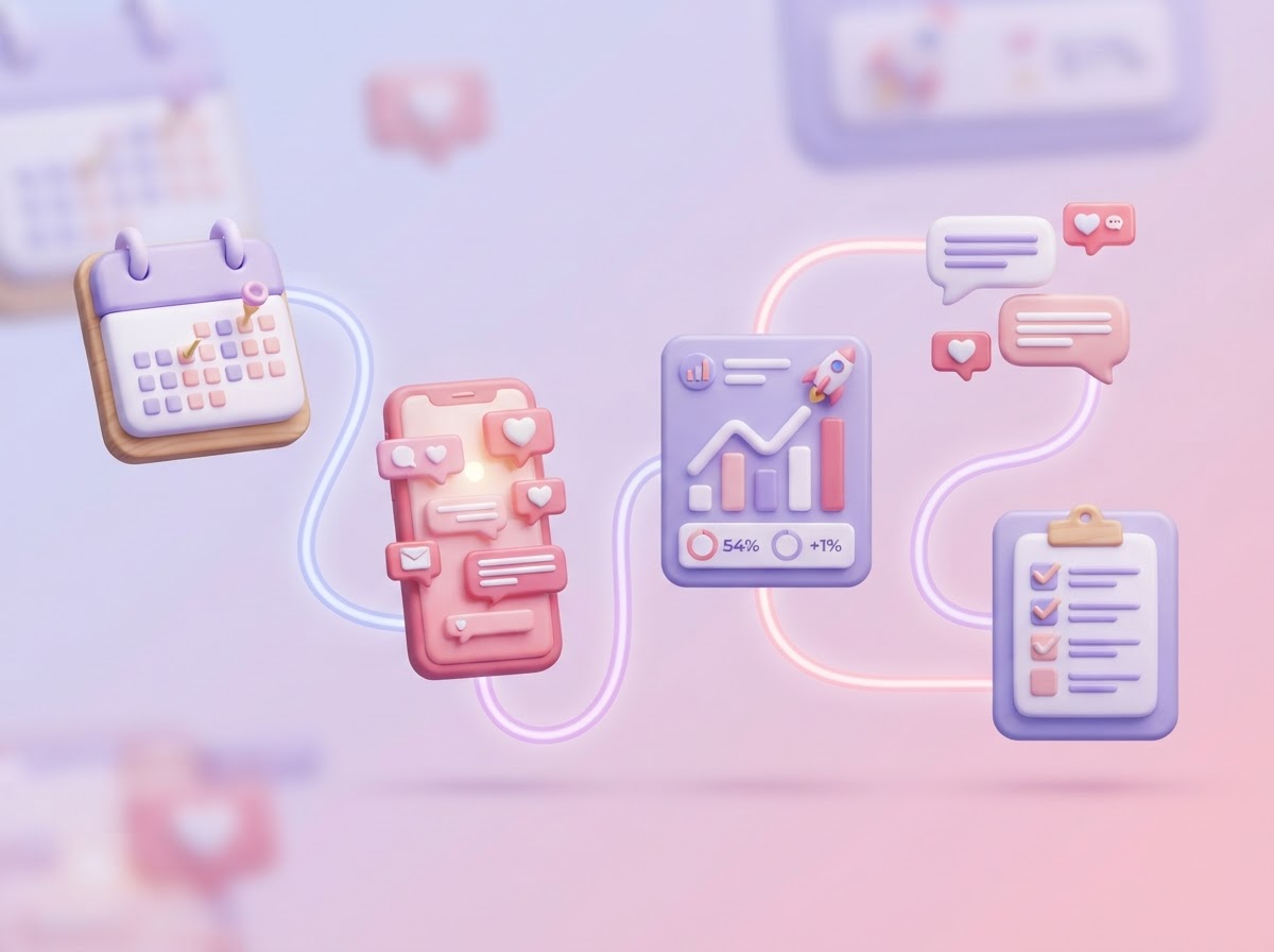 Social media management workflow showing content scheduling, posting and analytics for Central Alberta businesses