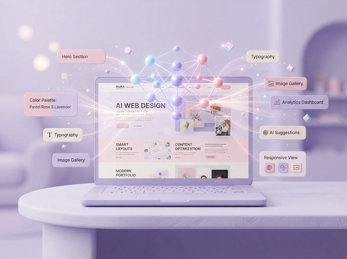 AI-powered web design tools and neural network UI in soft pastel tones