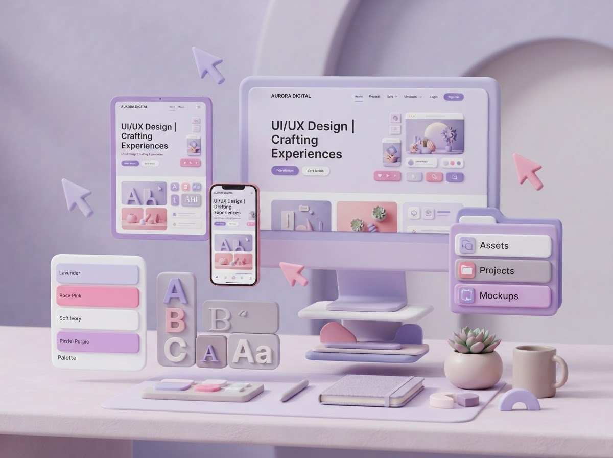 3D web design and creative tools in soft lavender and pastel pink