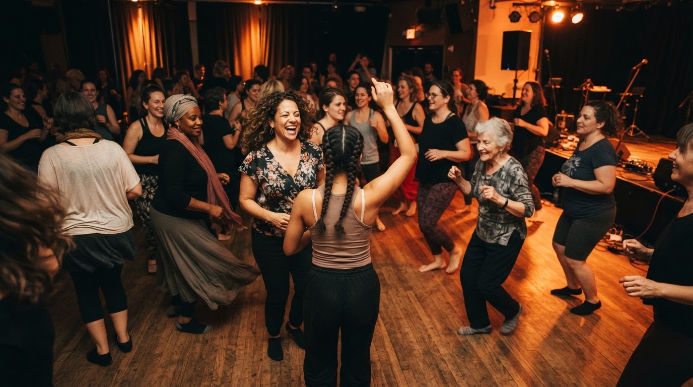 Kvinnor i olika åldrar dansar tillsammans under varmt scenljus