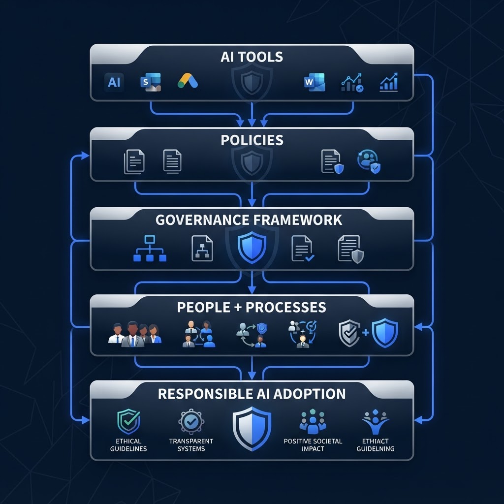 GovStruct governance architecture: AI tools, policies, governance framework, people and processes flowing into responsible AI adoption